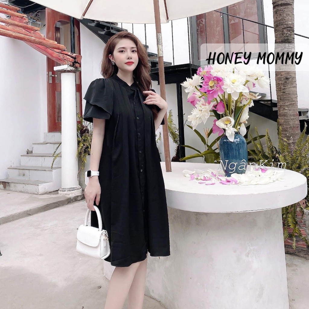 Váy Bầu Sơ Mi Cổ Tàu Xếp Ly Dáng Suông Công Sở Đầm Bầu Hè Ngắn Tay Đi Làm HD2626 Honey Mommy