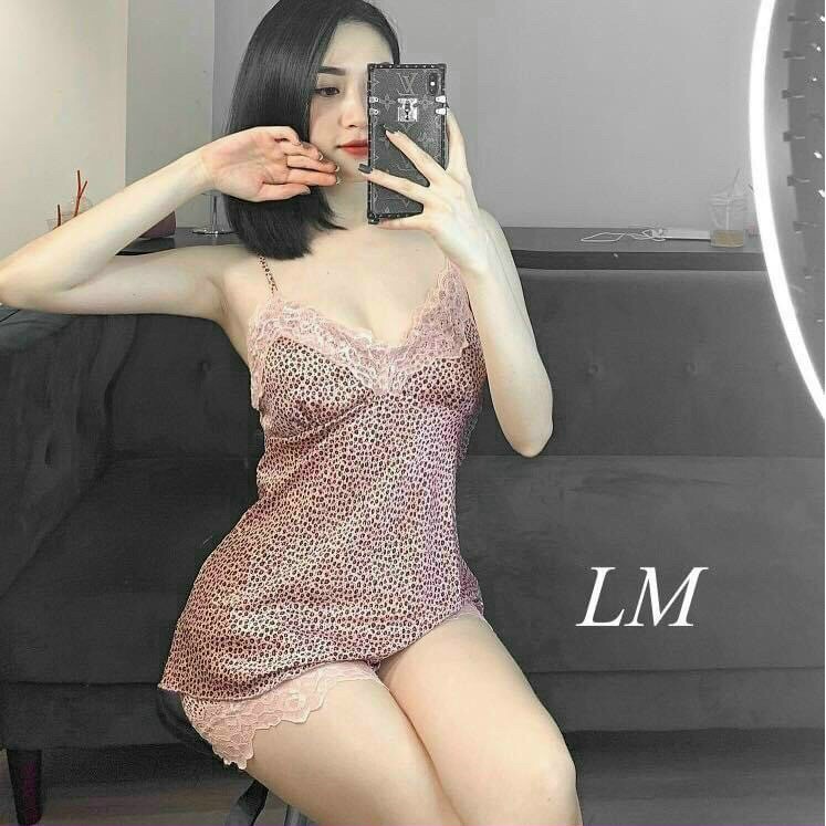 Bộ Đồ Ngủ Vải Lụa Hình Báo Phối Ren, Bộ Mặc Nhà Hình Beo Thời Trang Cao Cấp