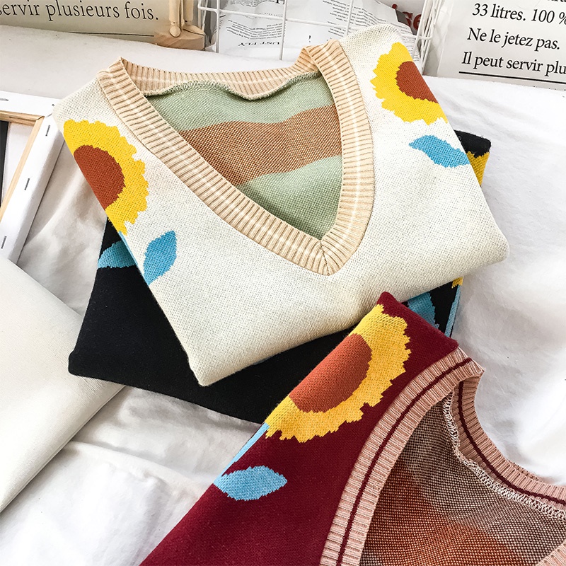 Áo len cổ chữ V họa tiết hoa cúc phong cách retro Hàn Quốc