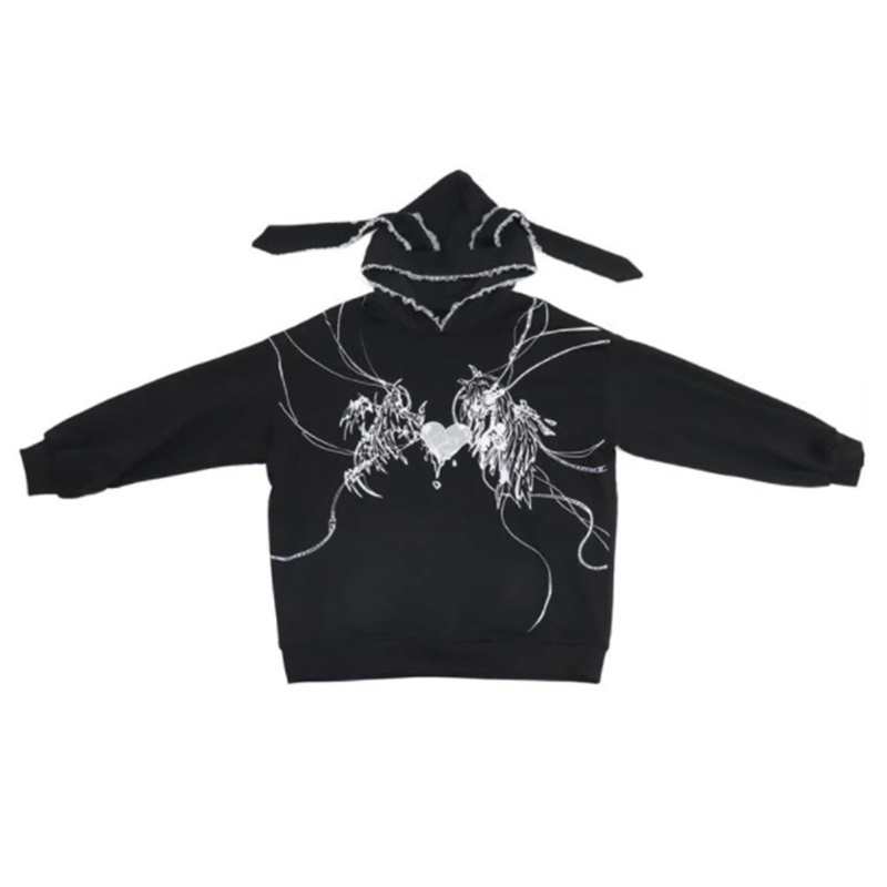 Áo hoodie tay dài ngoại cỡ kiểu tai thỏ in hình trái tim ác quỷ có cánh kiểu gothic punk 10MK cho nữ