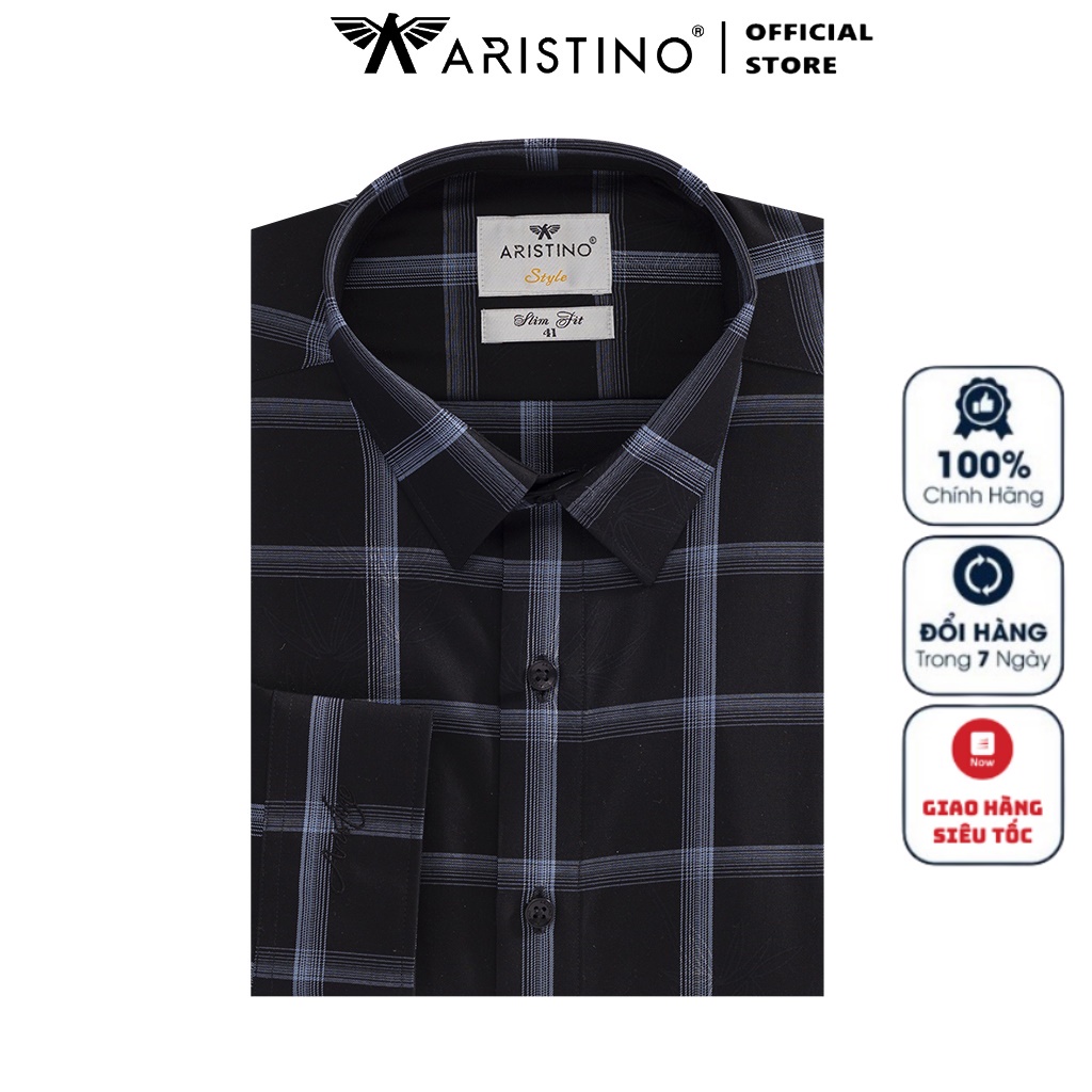 Áo Sơ Mi Nam Dài Tay ARISTINO ALS36502 Somi Công Sở Cao Cấp màu đen kẻ xanh vải sợi tre dáng ôm tà lượn không túi