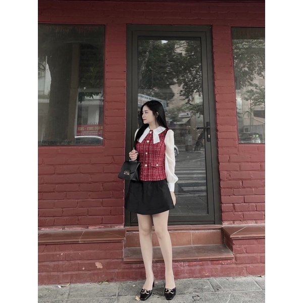 [ẢNH FEEDBACK + VIDEO THẬT] TAYLOR TOP (Bản Đỏ) mix JULIE SKIRT - Áo dạ tweed đỏ pha voan + Chân váy đen tarfa cao cấp