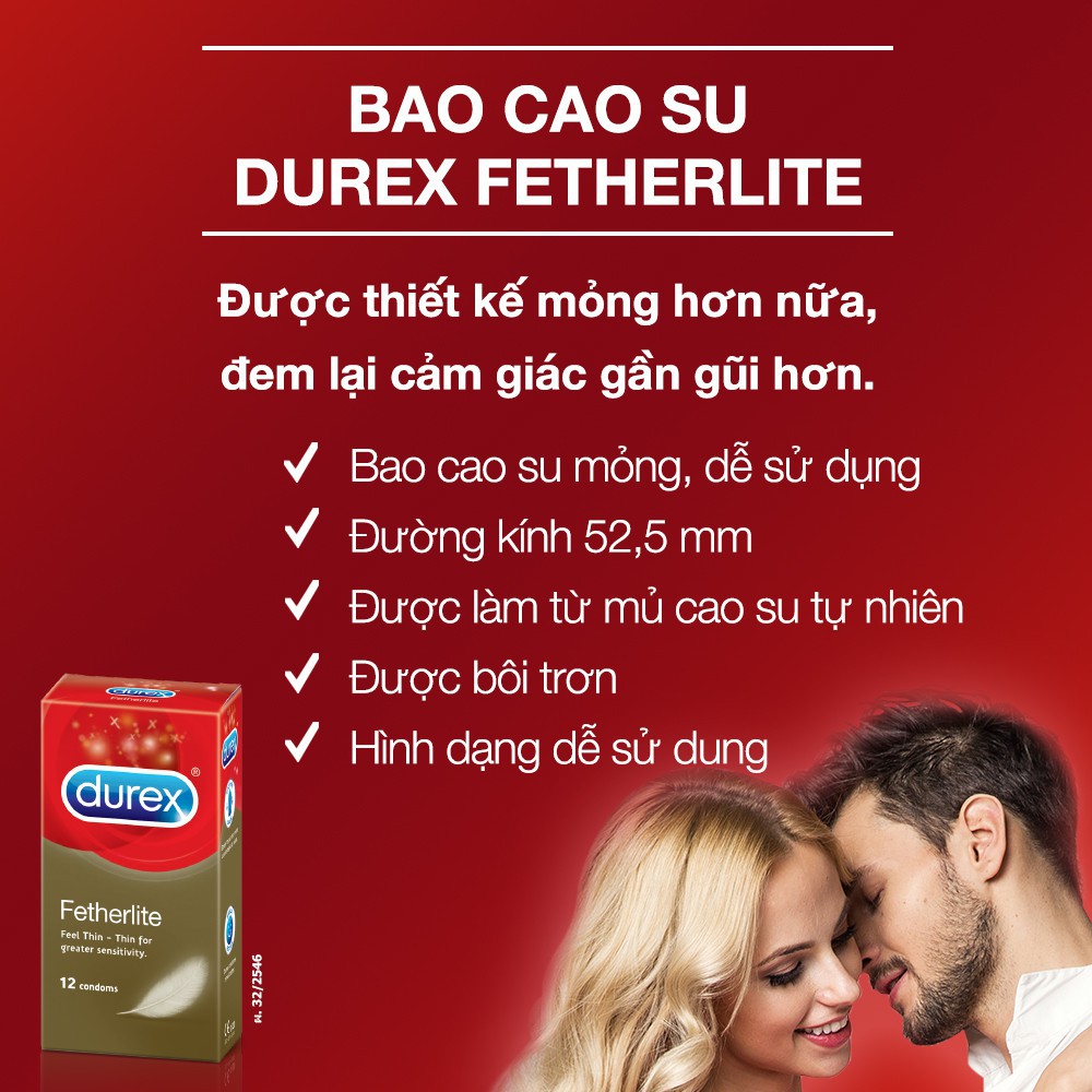 Bộ 2 hộp bao cao su Durex Fetherlite 12 bao (12 cái/hộp, size 52,5mm)