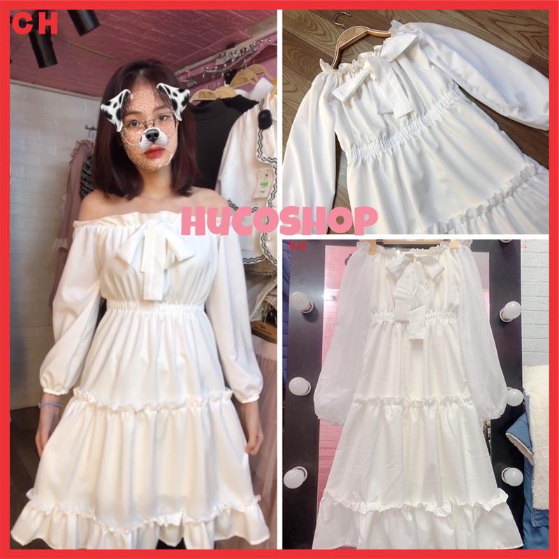 Váy Trễ Vai Nơ Tay Voan nữ - Đầm tiểu thư trắng basic trơn có lớp lót trong  vintage freesize mặc đi chơi dã ngoại tết