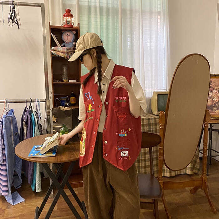 Áo Khoác Sát Nách Dáng Rộng Thêu Hình Gấu Và Hoa Phong Cách Hip Hop Thời Trang Cho Nữ