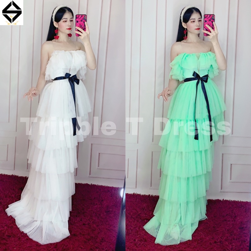 Đầm dự tiệc TRIPBLE T DRESS đuôi tôm xéo xếp tầng trễ vai lưới phói nơ đen eo - size M/L - MS8Y