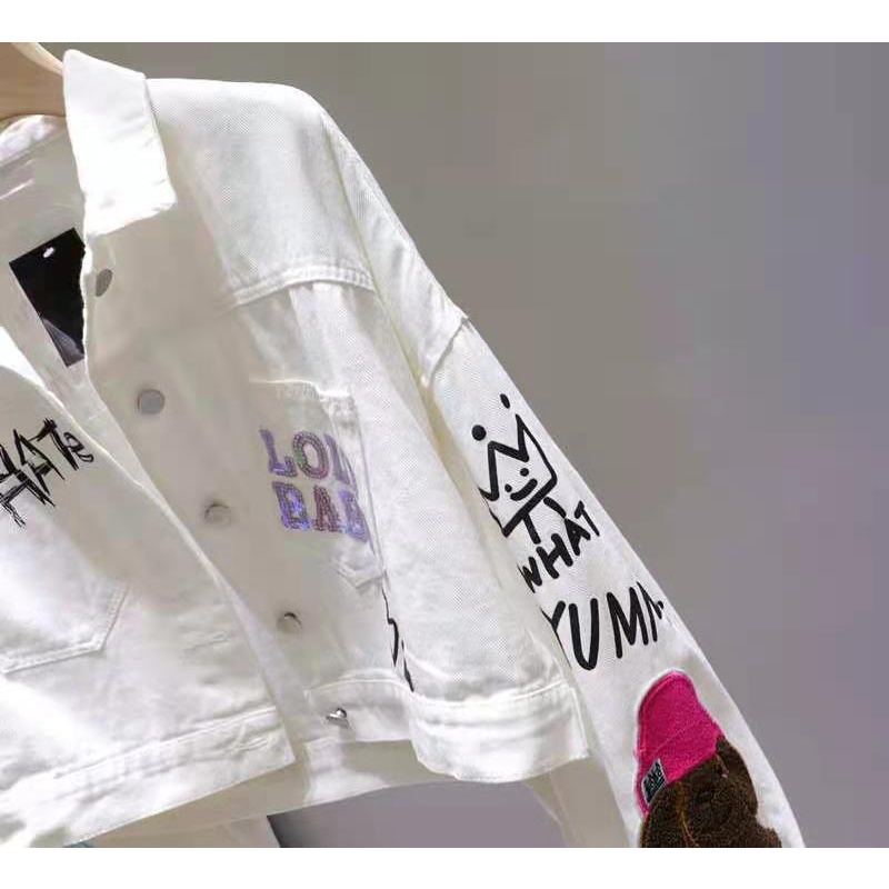 Áo Khoác Denim Dáng Ngắn In Hoạt Hình Gấu Dễ Thương Thời Trang 2023 Cho Bạn Gái