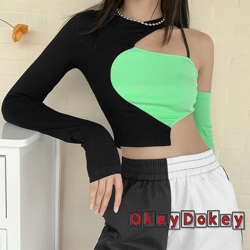 Áo Thun Crop Top Tay Dài Trễ Vai Cổ Tròn Phong Cách Đường Phố Gợi Cảm Cho Nữ