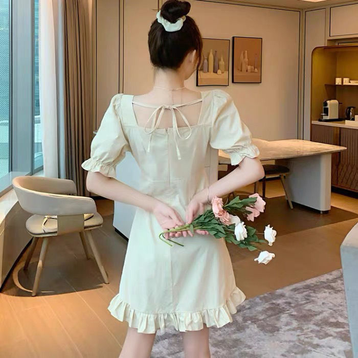 Women's skirt Korean Fashion Short Sleeve Pleated Square Neck Skirt
