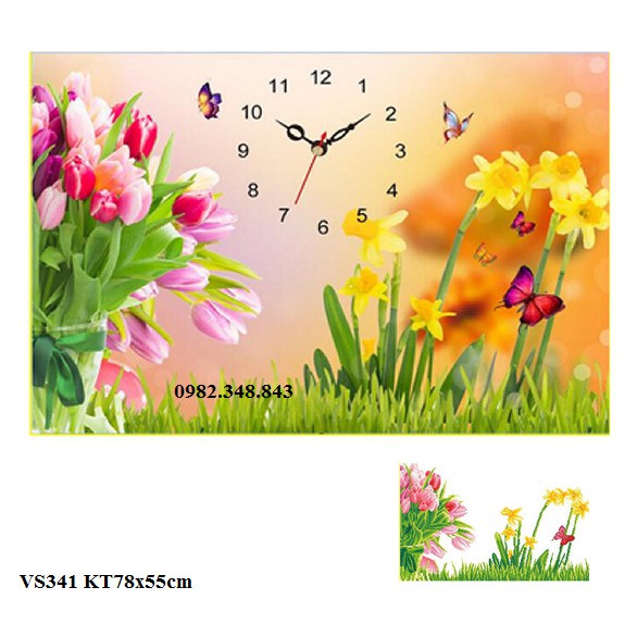 Tranh đính đá đồng hồ vườn hoa KT:78x55cm. Tranh gắn đá chưa làm.