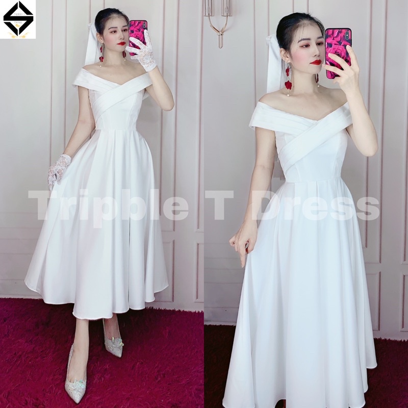 Đầm xoè cưới bẹt vai xếp ly form ngắn tặng kèm lúp nơ y hình TRIPBLE T DRESS - size S/M/L - MS182Y