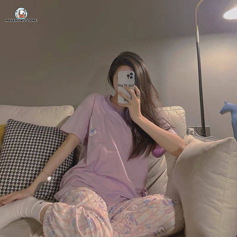 Set đồ bộ ngắn tay in họa tiết phong cách Hàn Quốc cho nữ