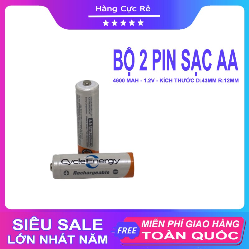 Bộ 2 Pin sạc AA (2A) loại tốt Ni-MH 4600mAh 1.2V Freeship Pin tiểu Cycle Energy Rechargeable (2 viên) - Shop Hàng Cực Rẻ