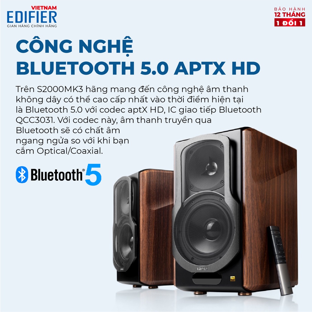 Bộ loa Bluetooth Bookshelf Hifi cao cấp EDIFIER S2000MKIII | Công nghệ aptX | Bluetooth 5.0