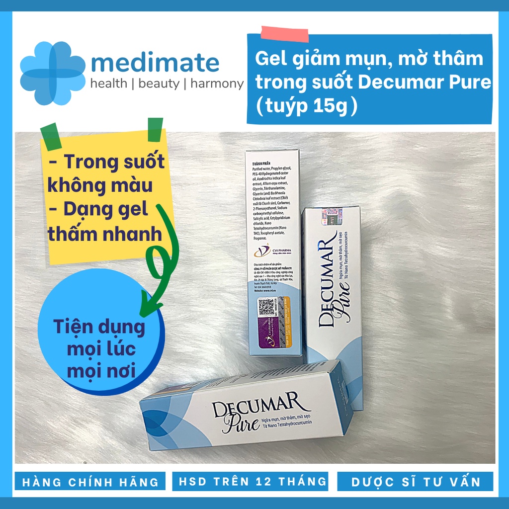 Gel nghệ trong suốt Decumar Pure giảm mụn, mờ thâm, mờ sẹo mụn với nghệ không màu thẩm mỹ khi dùng (tuýp 15g)