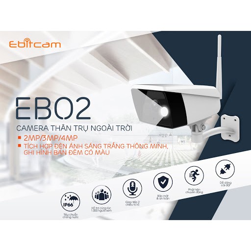 Camera IP Wifi Trong nhà Ngoài trời Ebitcam EBO2 1 Râu FullHD 1080P 2 LED trợ sáng đàm thoại 2 chiều (Trắng)