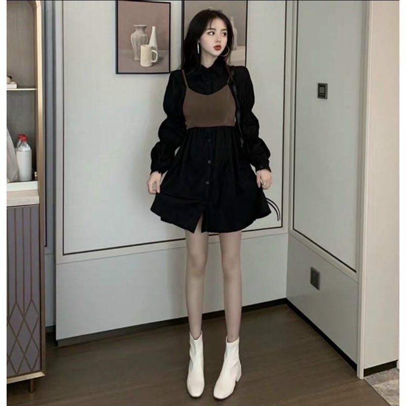 đầm sơ mi tay phồng phối áo hai dây croptop ulzzang