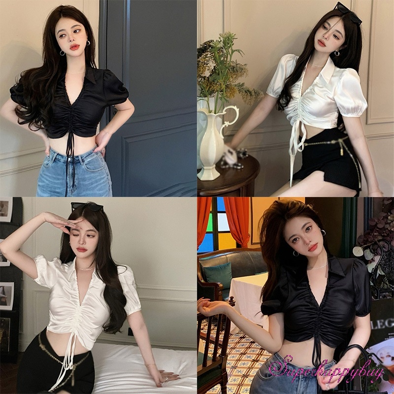 Áo Sơ Mi Tay Phồng Ngắn Cổ Bẻ Phối Dây Rút Thời Trang Cho Nữ