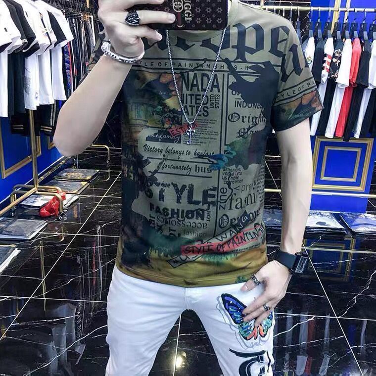 Áo thun tay ngắn lửng dáng ôm in hình thời trang mùa hè châu Âu thịnh hành cho nam