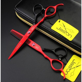 Bộ kéo cắt tóc tay trái jason đỏ đen (mua cặp kéo được tặng 1 bao da 1 lược toni guy 1 dụng cụ chỉnh kéo)
