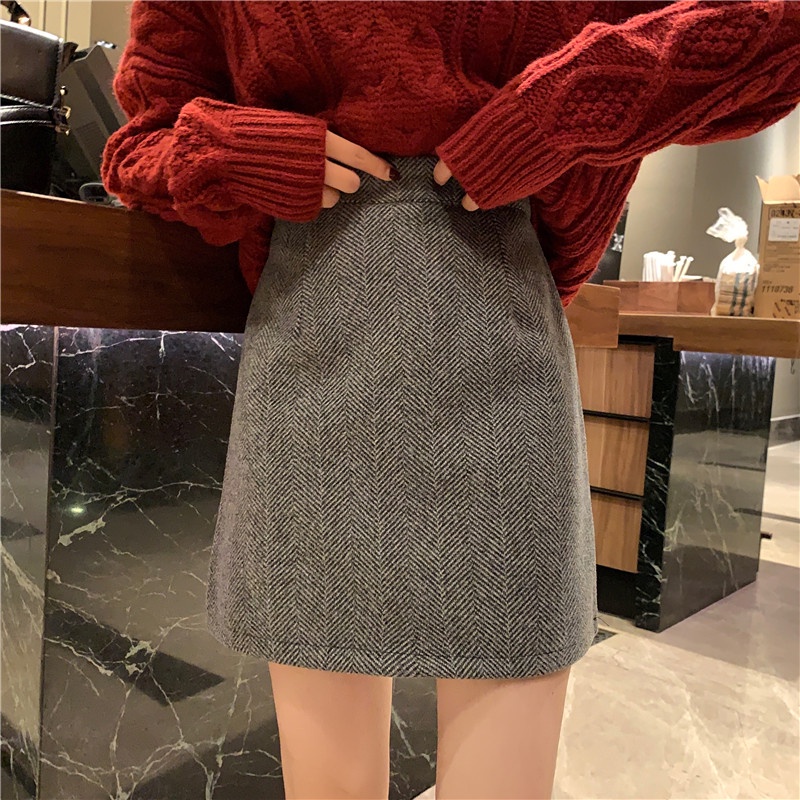 Chân Váy Len Chữ A Lưng Cao Họa Tiết Sọc Caro Phong Cách Retro