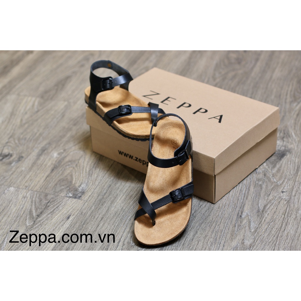 ZEPPA chính hãng - Da bò thật 100% - Sandal xỏ ngón chéo màu đen MS: SD2  - Sandal đế trấu da bò UNISEX