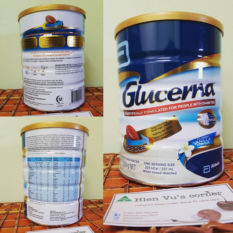 Sữa bột dinh dưỡng GLUCERNA Úc - hương Vani - hộp 850g  (dành cho người tiểu đường/ăn kiêng)