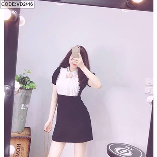 Đầm nữ xòe phối màu trắng dập ly