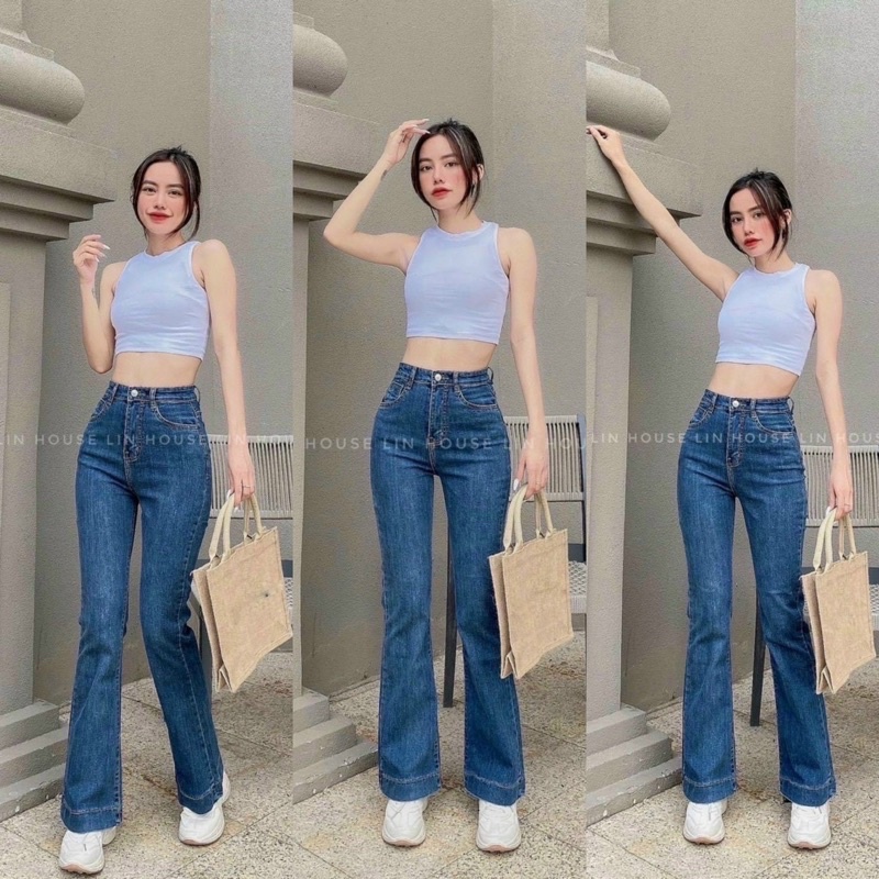 Quần jean ống loe lưng cao co giãn, Quần Jean Nữ Ống Bass Lai Lật Lớn