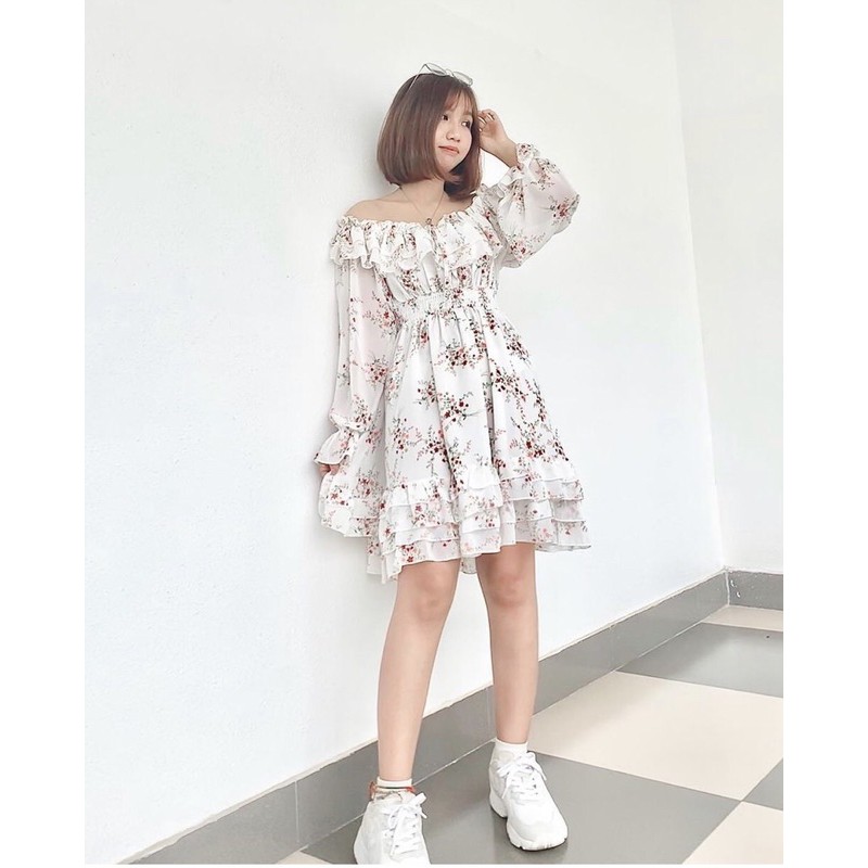 Đầm hoa nhí vintage SANJOLI váy voan hoa nhí trễ vai tay phồng, đi dự tiệc, đi chơi, đi làm thiết kế VD005 | BigBuy360 - bigbuy360.vn