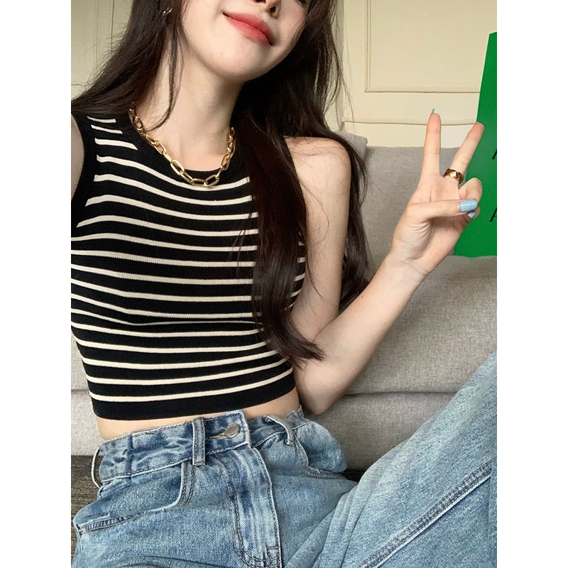 QKOOLE Áo tanktop  cổ tròn họa tiết kẻ sọc phong cách Hàn Quốc thời trang quyến rũ cho nữ