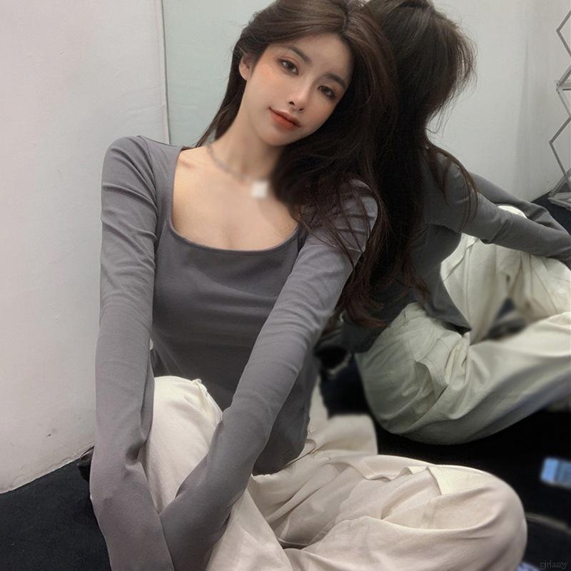 Áo Thun Tay Dài Cổ Thấp Màu Sắc Đơn Giản Phong Cách Hàn Quốc Thời Trang Cho Nữ