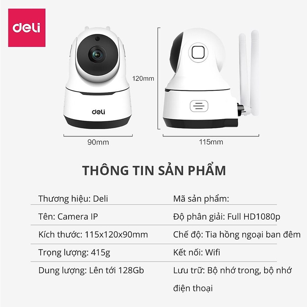 Camera IP Wifi Deli Full HD 1080P 360 Độ Đàm Thoại 2 Chiều - An Ninh Gia Đình, Văn Phòng - Hàng Chính Hãng - ES102