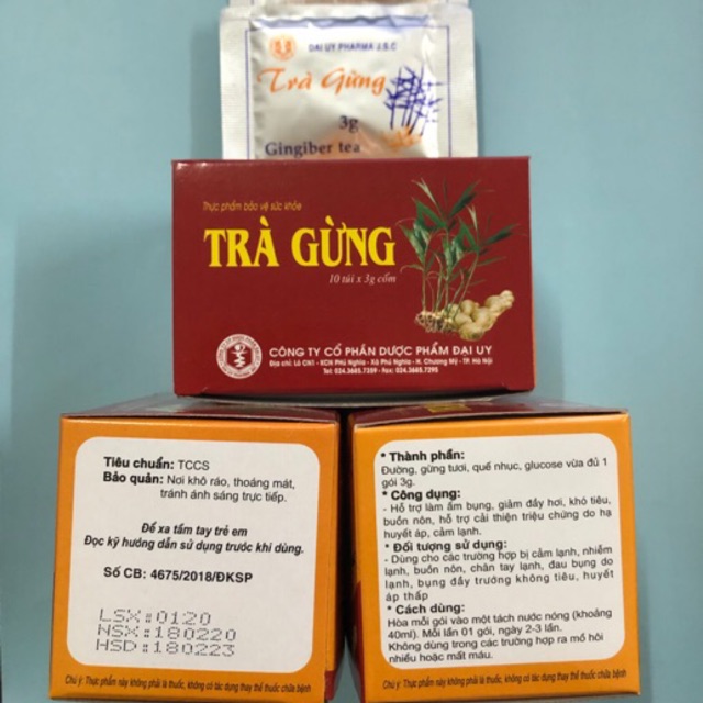 TRÀ GỪNG HÒA TAN Đại Uy làm ấm cơ thể, giảm đầy hơi, khó tiêu, giảm cảm lạnh hộp 10 gói x 3g