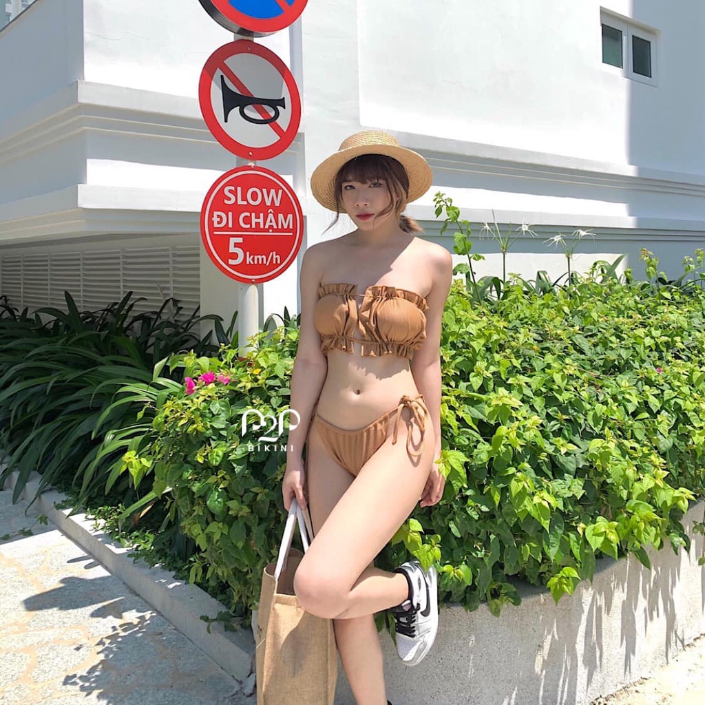 P2P BIKINI - Đồ bơi hai mảnh mút mỏng cúp ngang cột dây, quần tam giác nâu - BTK370HT_TG