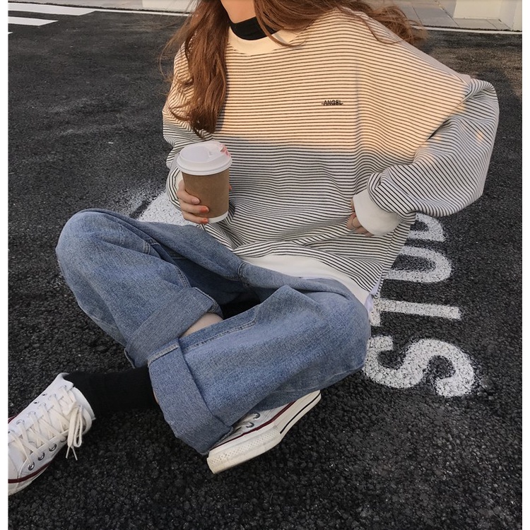 SUXI  Áo Thun Nữ Dài Tay Cổ Tròn Thời Trang Hàn Quốc