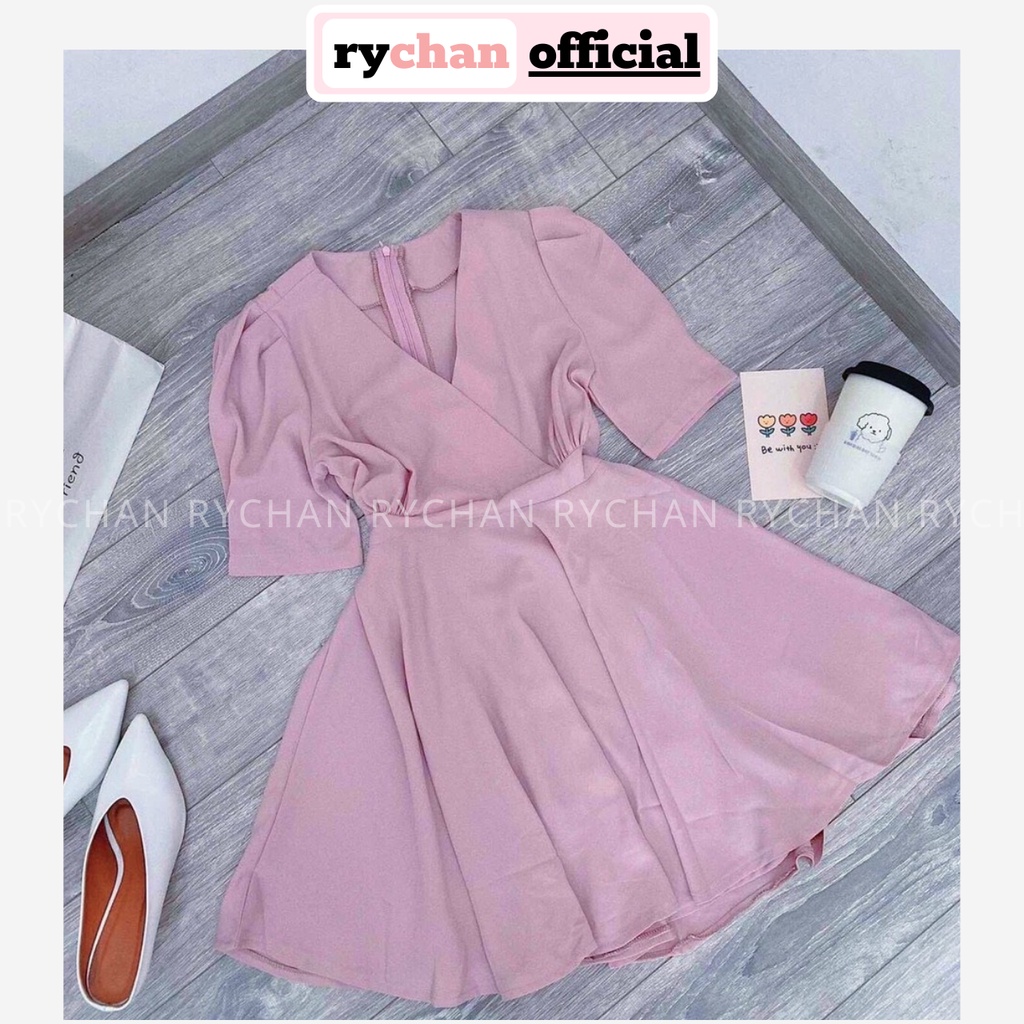 Đầm Xòe Hồng Tay Phồng Cổ V [Ảnh Thật Cuối] - DX976