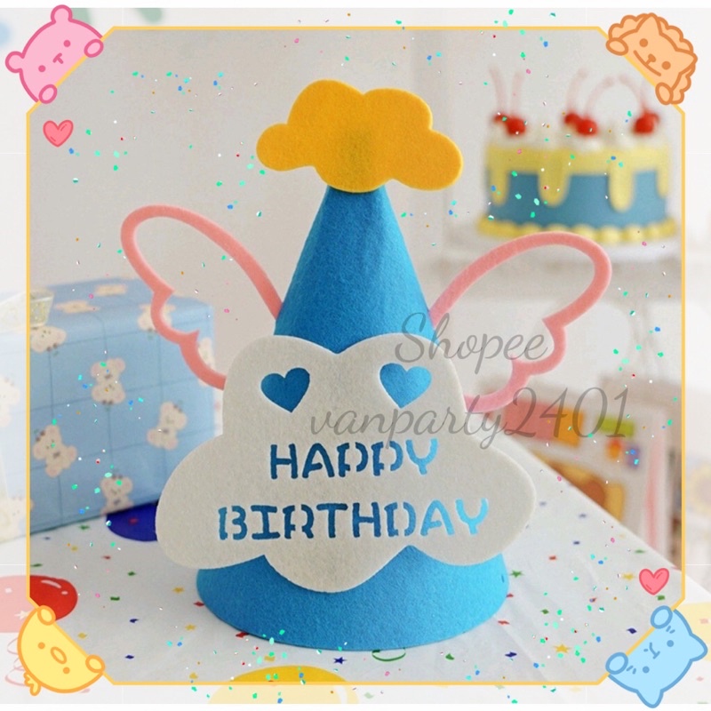 Mũ/Nón sinh nhật 3D vải nỉ họa tiết chữ Happy Birthday trang trí phong cách Hàn Quốc