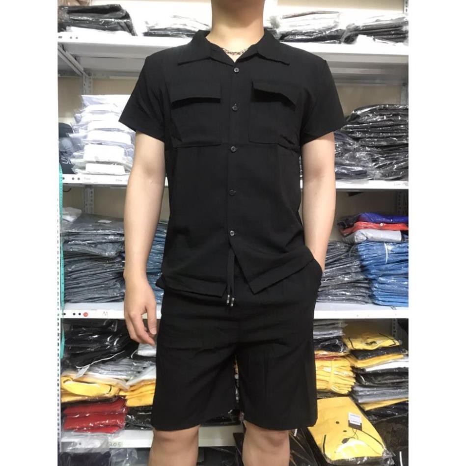 Bộ Đũi Nam Cổ Tàu l Cổ bẻ cộc tay chất đũi xước cao cấp mặc mùa hè | BigBuy360 - bigbuy360.vn