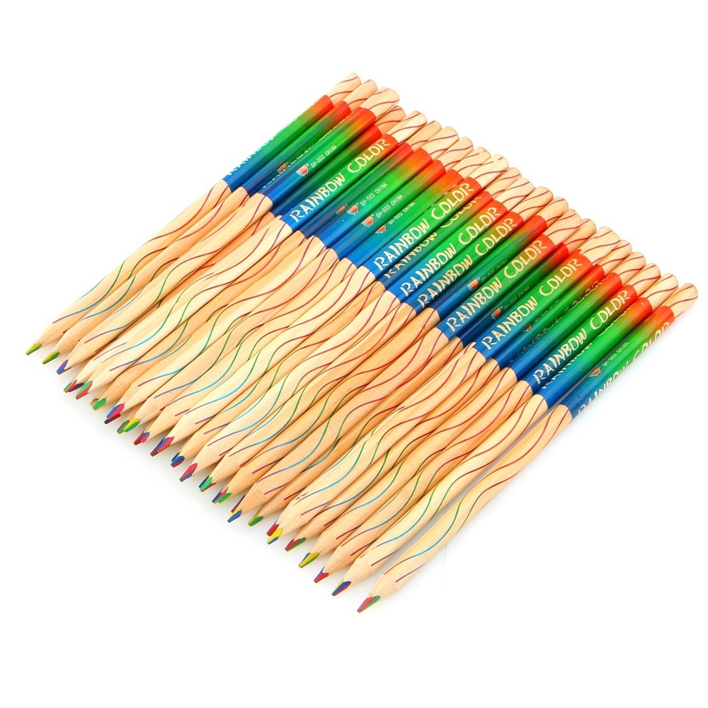 Bộ 10 cây bút chì màu vỏ gỗ họa tiết 7 sắc cầu vồng cho học sinh