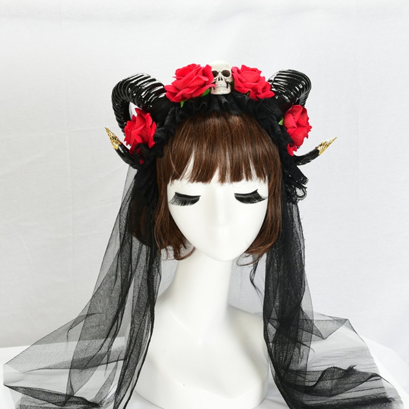Băng Đô Cài Tóc Hình Sừng Đầu Lâu Phối Mạng Che Mặt Hóa Trang Halloween