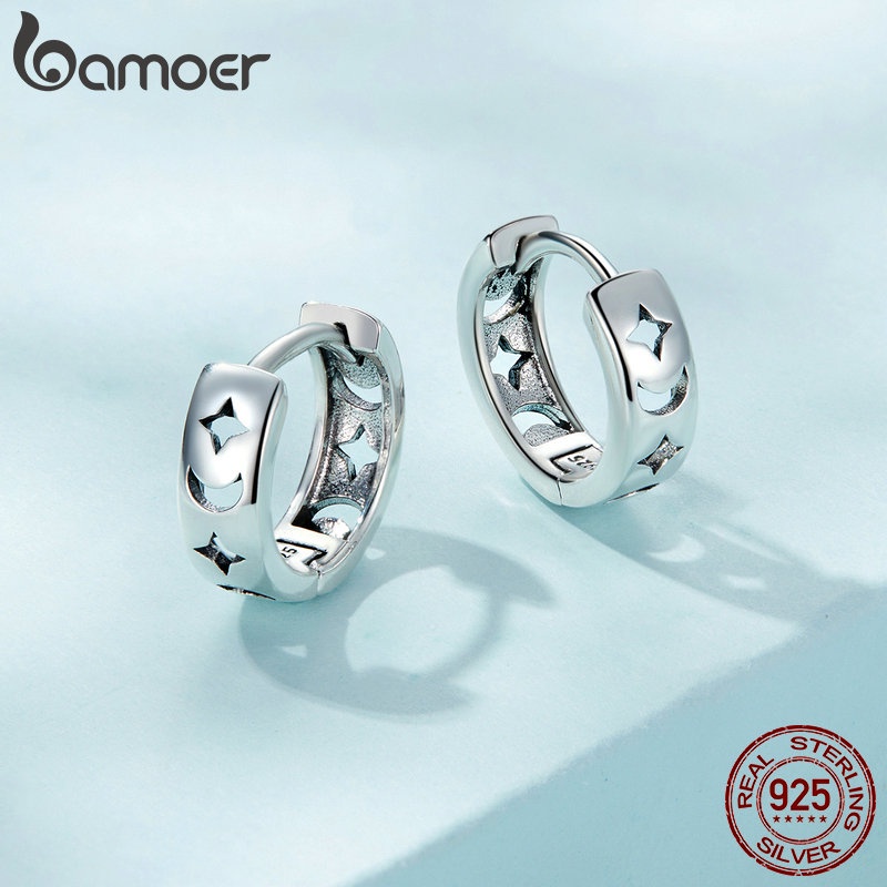 Bông tai BAMOER SCE1498 bạc 925 hình mặt trăng ngôi sao cho nam và nữ