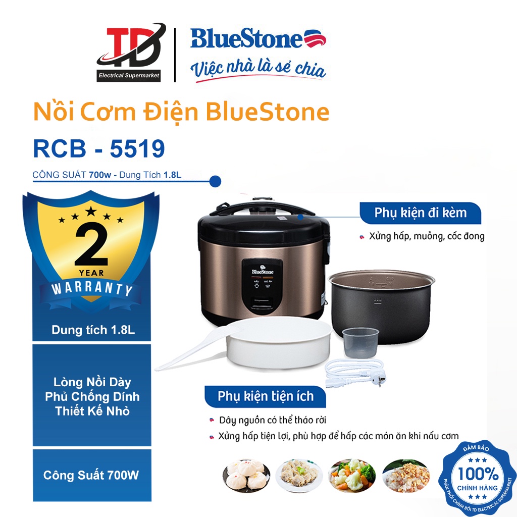 [Mã ELHAMS5 giảm 6% đơn 300K] Nồi cơm điện Bluestone RCB-5519 1.8L - Bảo Hành Chính Hãng 2 Năm