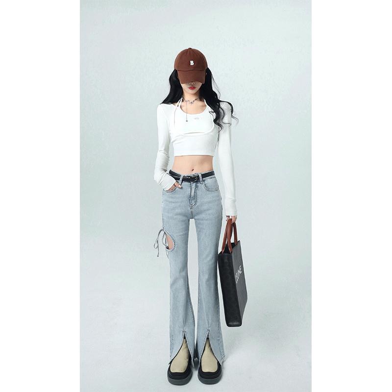 Quần Jean Dài Lưng Cao Dáng Ôm Xẻ Tà Thời Trang Xuân Hè 2022 Cho Nữ