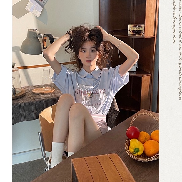 Áo Sơ Mi Nữ Ngắn Tay Thêu Họa Tiết Phong Cách retro