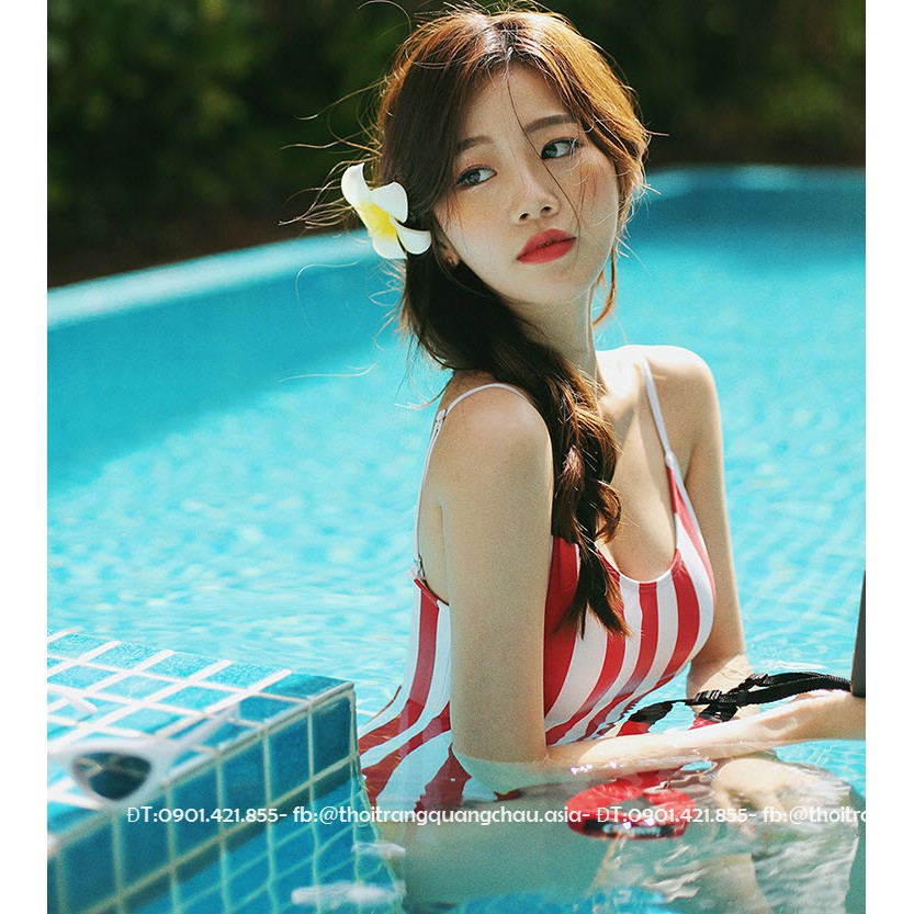 [Hàng Nhập] Bikini liền thân Style Retro Hàn quốc, che bụng, sọc đỏ trắng #142-2