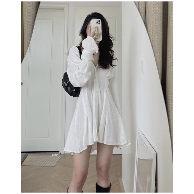 Váy sơ mi chiết eo tay loe vải đũi 2 lớp siêu xinh