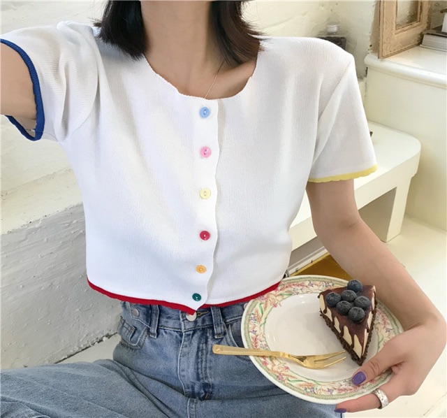 [Mã WASTUP giảm 10% tối đa 30K đơn 99K] Áo thun giấy croptop Ulzzang cúc nhiều màu phối viền | BigBuy360 - bigbuy360.vn