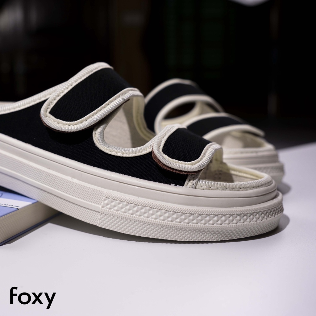 Dép sục nữ thể thao hở mũi quai dán ngang màu đen trắng basic đế cao 3cm Foxy - FOM009