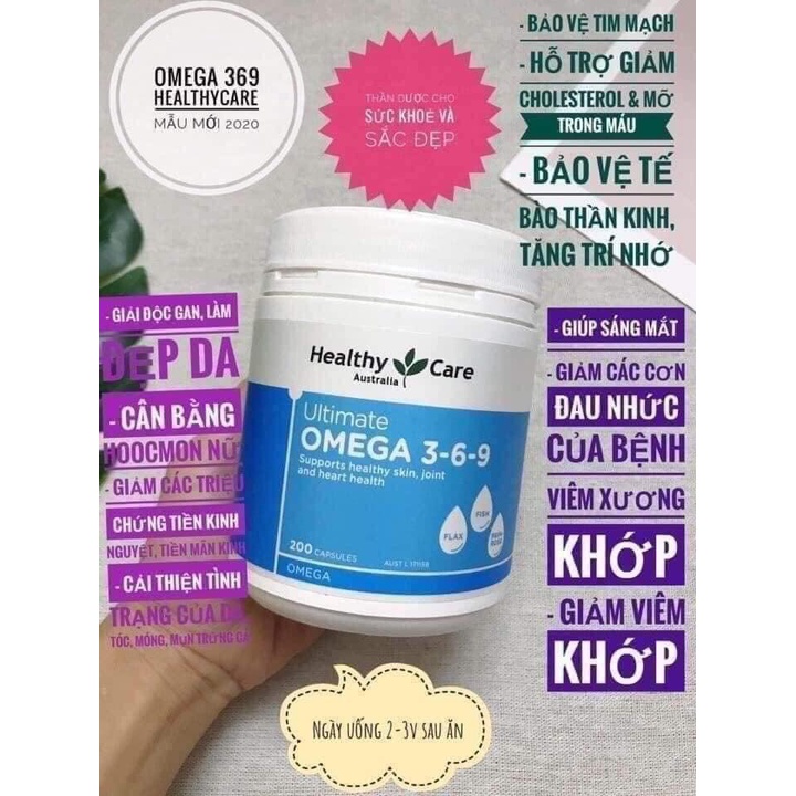 Viên uống omega 369 của healthy care 200 viên úc,hỗ trợ tăng trí nhớ, bổ tim, đẹp da